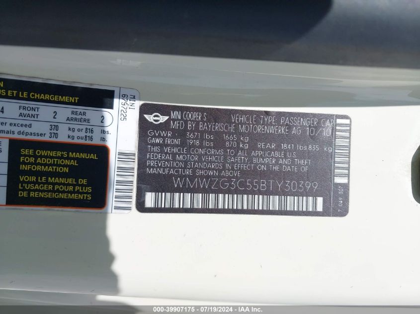2011 Mini Cooper S Clubman VIN: WMWZG3C55BTY30399 Lot: 39907175