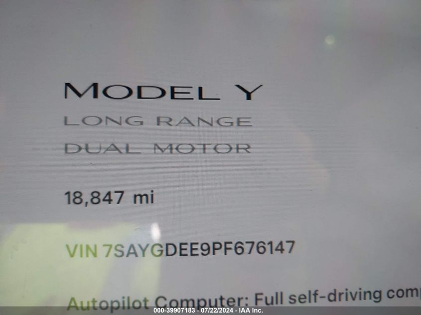 2023 Tesla Model Y Awd/Long Range Dual Motor All-Wheel Drive VIN: 7SAYGDEE9PF676147 Lot: 39907183