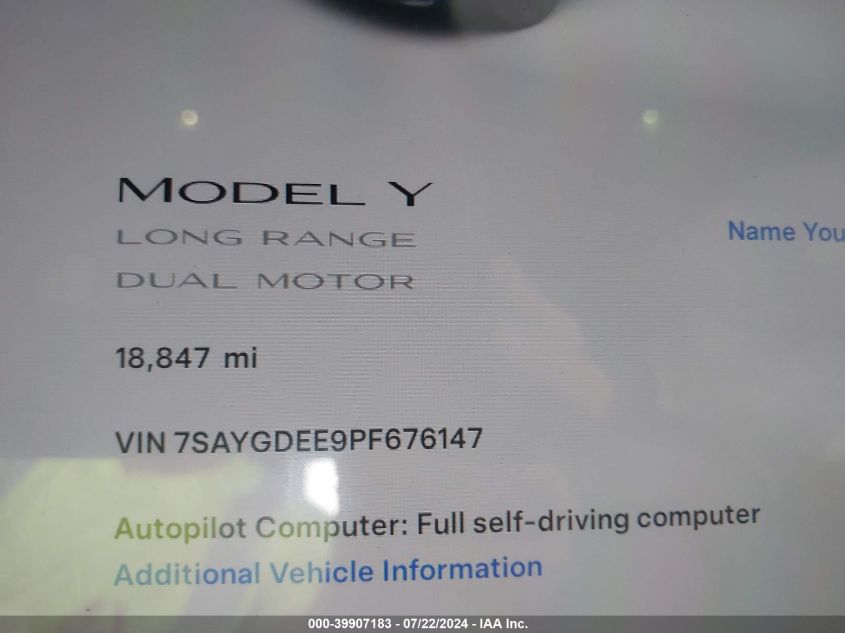 2023 Tesla Model Y Awd/Long Range Dual Motor All-Wheel Drive VIN: 7SAYGDEE9PF676147 Lot: 39907183