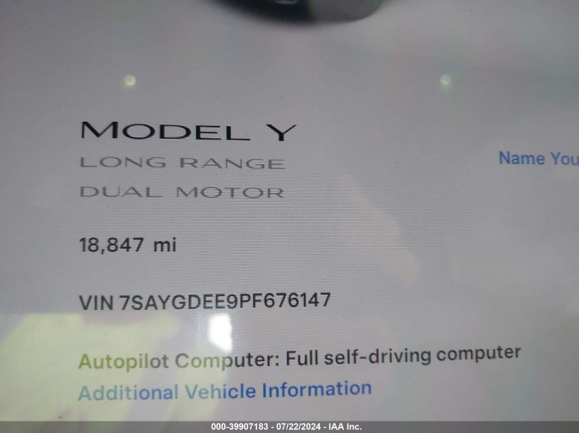 2023 Tesla Model Y Awd/Long Range Dual Motor All-Wheel Drive VIN: 7SAYGDEE9PF676147 Lot: 39907183