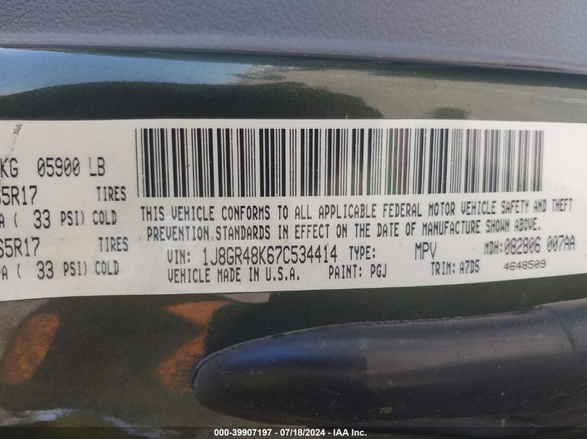 2007 Jeep Grand Cherokee Laredo VIN: 1J8GR48K67C534414 Lot: 39907197