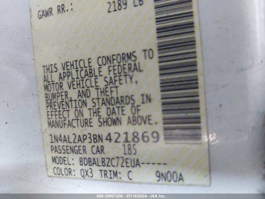 2011 Nissan Altima 2.5 S VIN: 1N4AL2AP3BN421869 Lot: 39907200