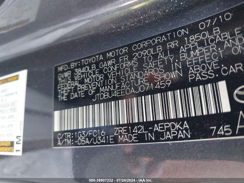 2010 Toyota Corolla Le VIN: JTDBU4EE0AJ071459 Lot: 39907232