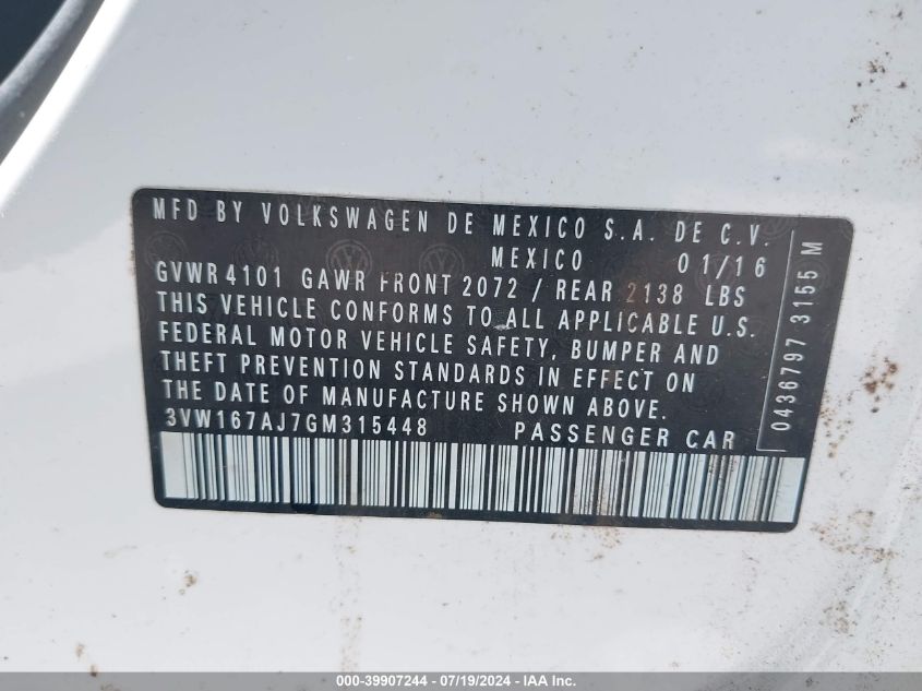 2016 Volkswagen Jetta S VIN: 3VW167AJ7GM315448 Lot: 39907244