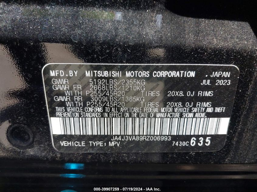 2024 Mitsubishi Outlander Se/Black Edition VIN: JA4J3VA89RZ006993 Lot: 39907259