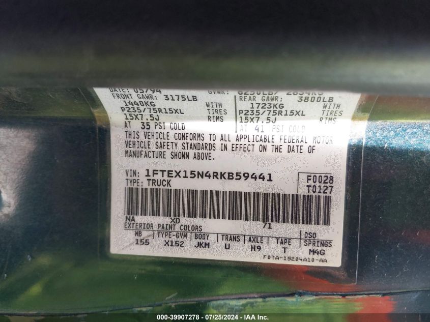 1994 Ford F150 VIN: 1FTEX15N4RKB59441 Lot: 39907278