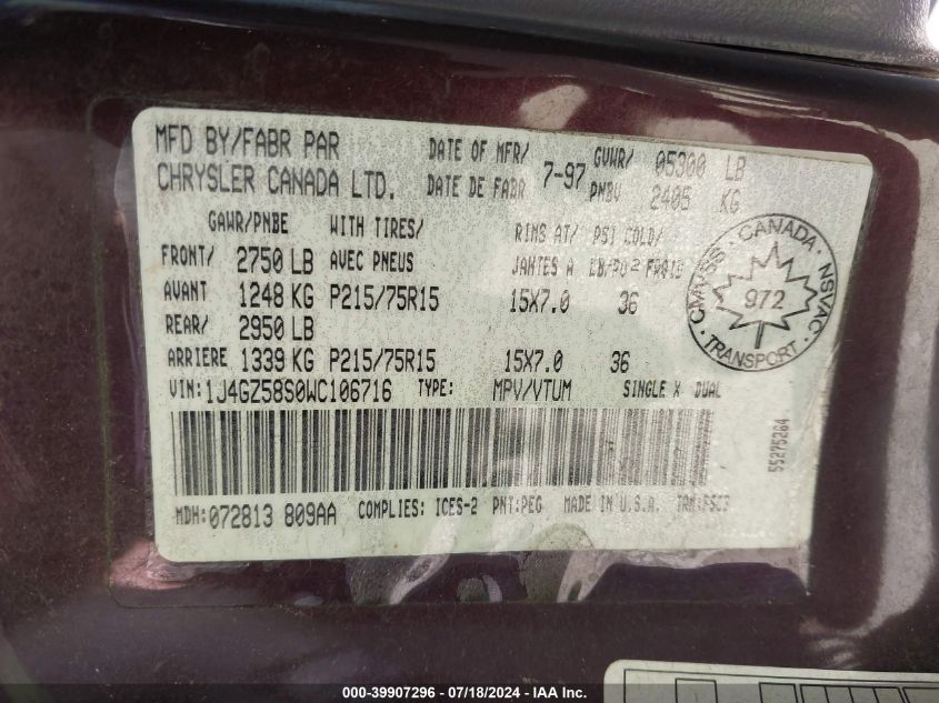 1998 Jeep Grand Cherokee Laredo VIN: 1J4GZ58S0WC106716 Lot: 39907296