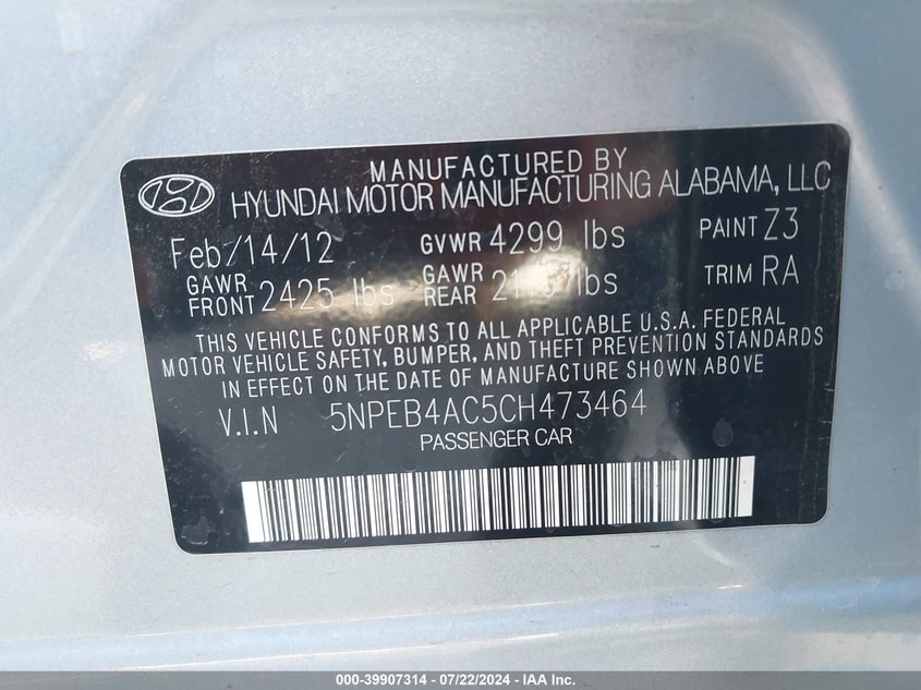 2012 Hyundai Sonata Gls VIN: 5NPEB4AC5CH473464 Lot: 39907314