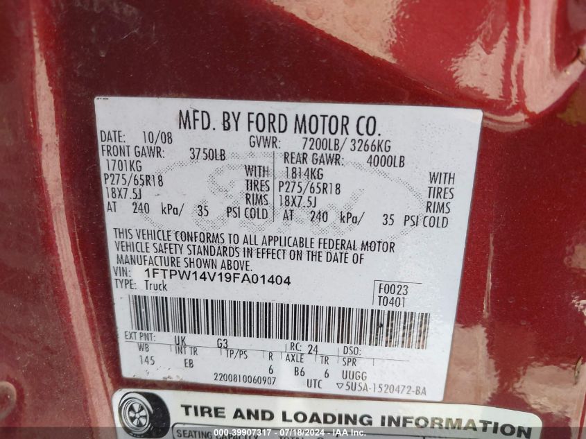 2009 Ford F-150 Lariat VIN: 1FTPW14V19FA01404 Lot: 39907317