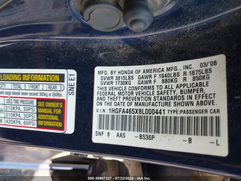 2008 Honda Civic Gx VIN: 1HGFA465X8L000441 Lot: 39907327
