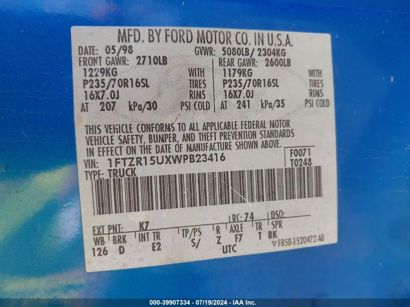 1998 Ford Ranger Splash/Xl/Xlt VIN: 1FTZR15UXWPB23416 Lot: 39907334