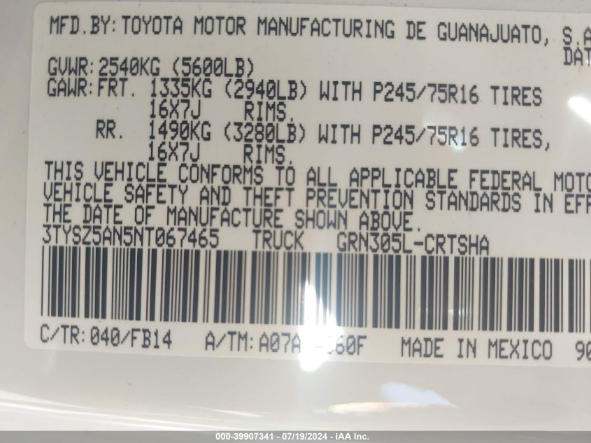 2022 Toyota Tacoma Sr V6 VIN: 3TYSZ5AN5NT067465 Lot: 39907341