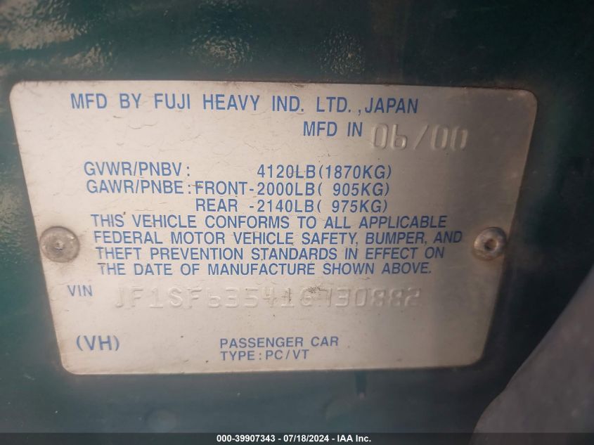 2001 Subaru Forester L VIN: JF1SF63541G730882 Lot: 39907343