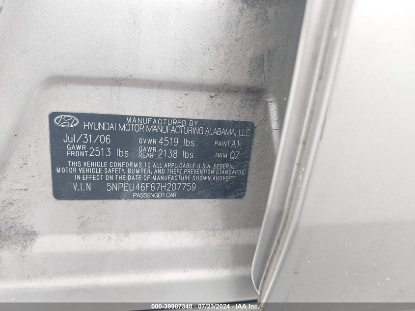 2007 Hyundai Sonata Se/Limited VIN: 5NPEU46F67H207759 Lot: 39907348