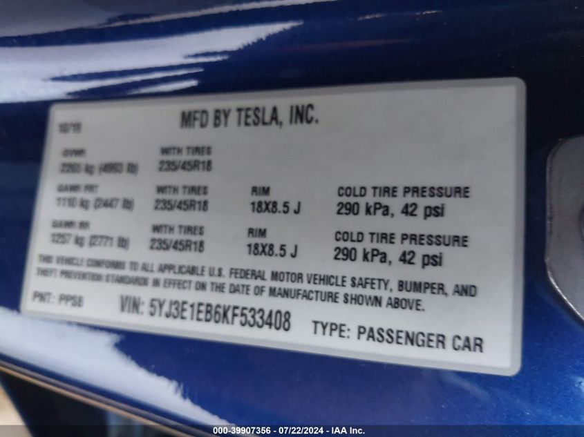 2019 Tesla Model 3 Long Range/Performance VIN: 5YJ3E1EB6KF533408 Lot: 39907356