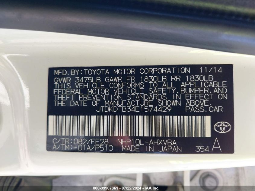 2014 Toyota Prius C One VIN: JTDKDTB34E1574429 Lot: 39907361