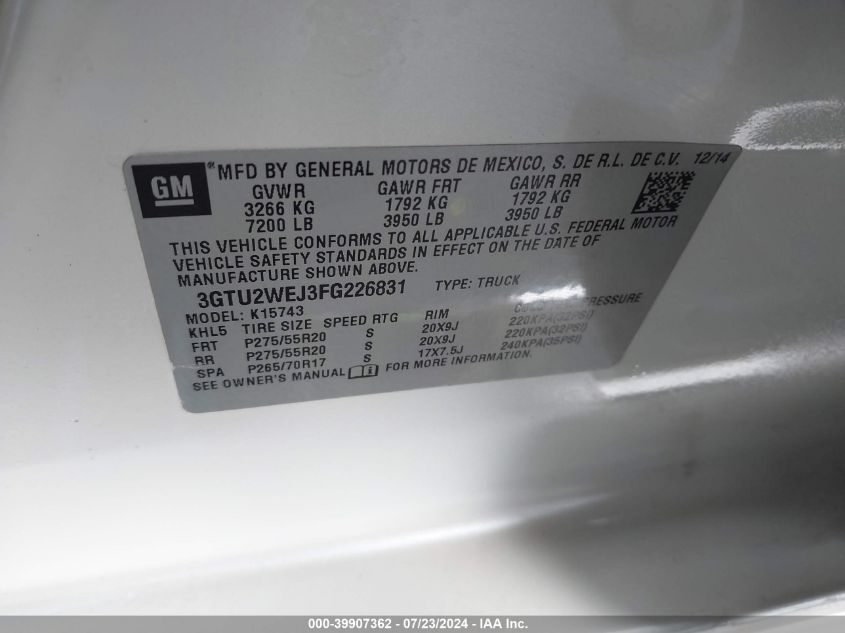 2015 GMC Sierra K1500 Denali VIN: 3GTU2WEJ3FG226831 Lot: 39907362