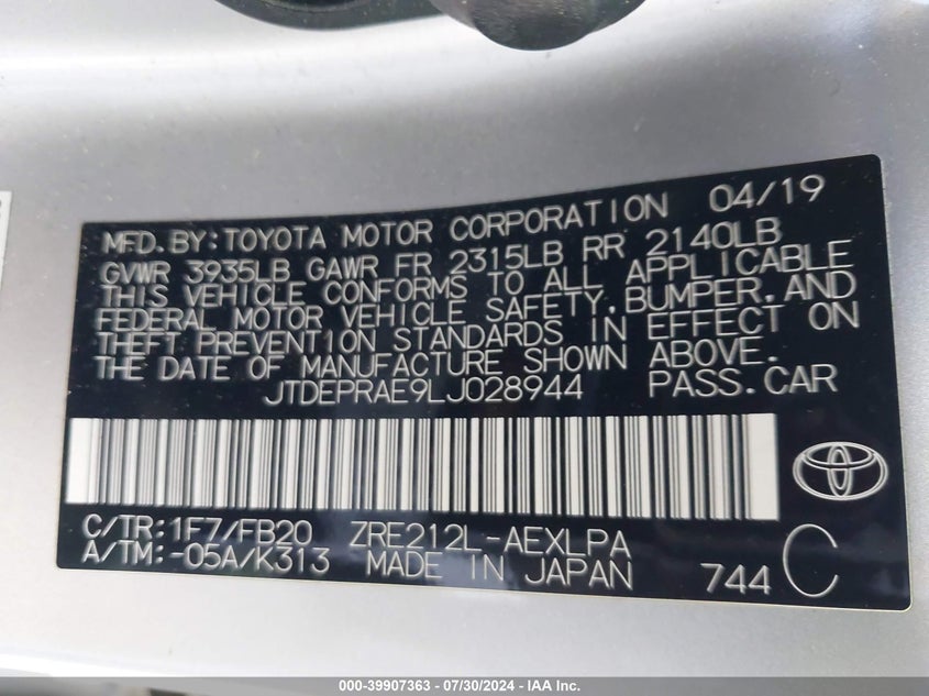 VIN JTDEPRAE9LJ028944 2020 TOYOTA COROLLA LE