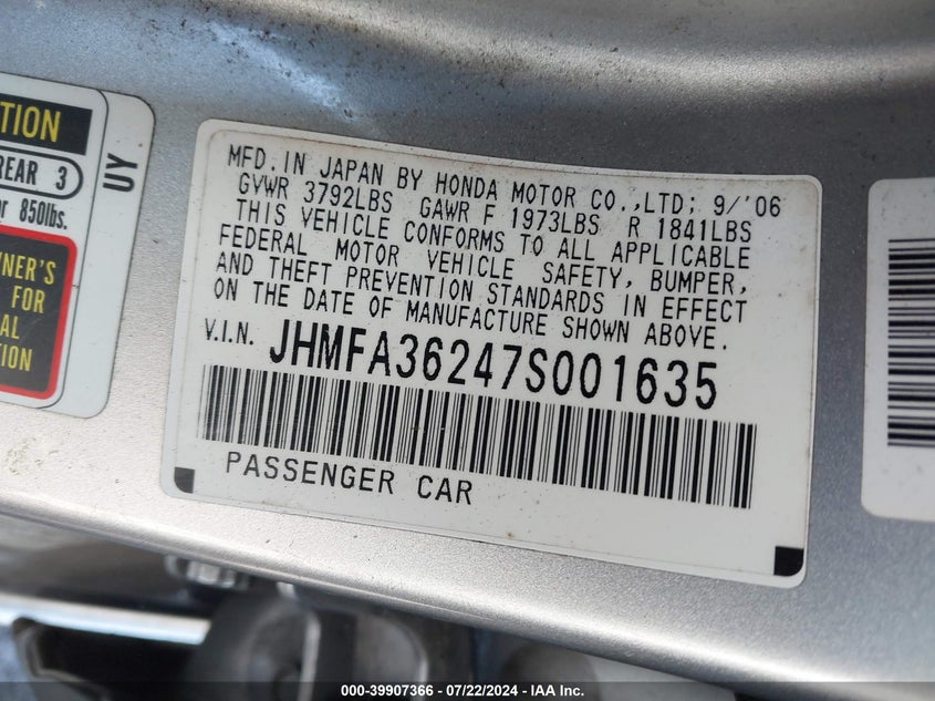 2007 Honda Civic Hybrid VIN: JHMFA36247S001635 Lot: 39907366
