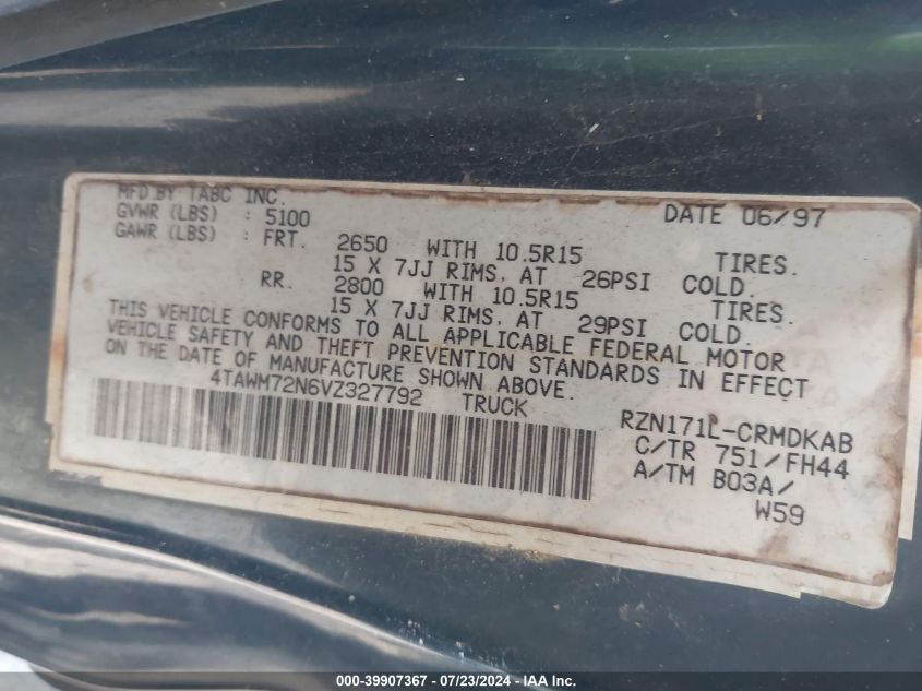 1997 Toyota Tacoma VIN: 4TAWM72N6VZ327792 Lot: 39907367