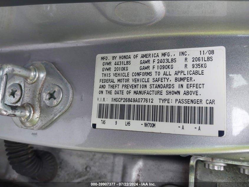 2009 Honda Accord 2.4 Ex-L VIN: 1HGCP26849A077612 Lot: 39907377