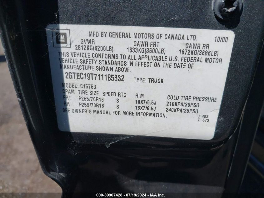 2001 GMC Sierra 1500 Sle VIN: 2GTEC19T711185332 Lot: 39907428