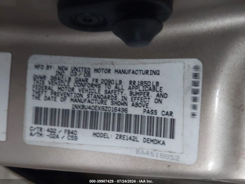 2009 Toyota Corolla S/Le/Xle VIN: 1NXBU40EX9Z016496 Lot: 39907429