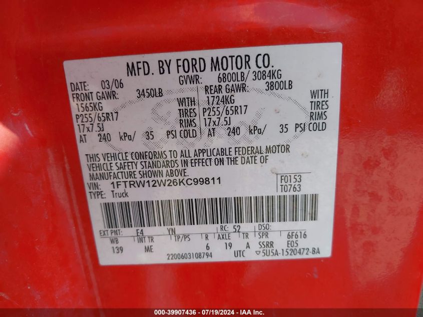 2006 Ford F-150 Xlt VIN: 1FTRW12W26KC99811 Lot: 39907436