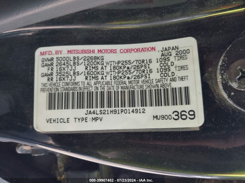 JA4LS21H91P014912 2001 Mitsubishi Montero Sport Es/Ls