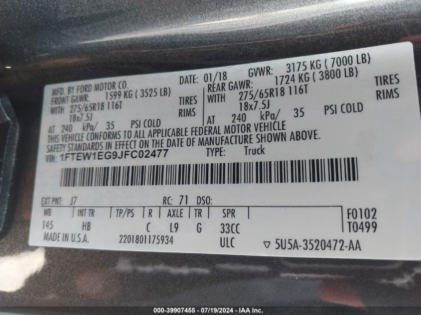 2018 Ford F-150 Supercrew VIN: 1FTEW1EG9JFC02477 Lot: 39907455