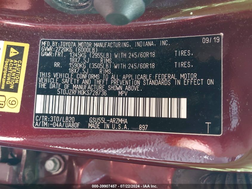2019 Toyota Highlander Xle VIN: 5TDJZRFH0KS728736 Lot: 39907457
