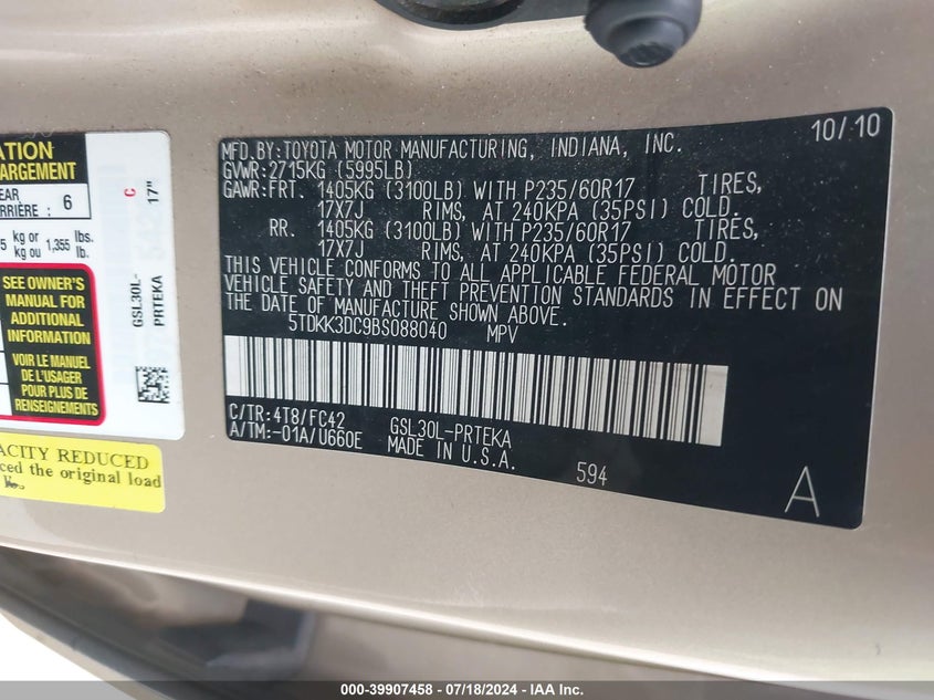 2011 Toyota Sienna Le V6 VIN: 5TDKK3DC9BS088040 Lot: 39907458