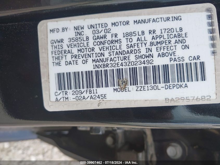 2003 Toyota Corolla Ce VIN: 1NXBR32E43Z023492 Lot: 39907462