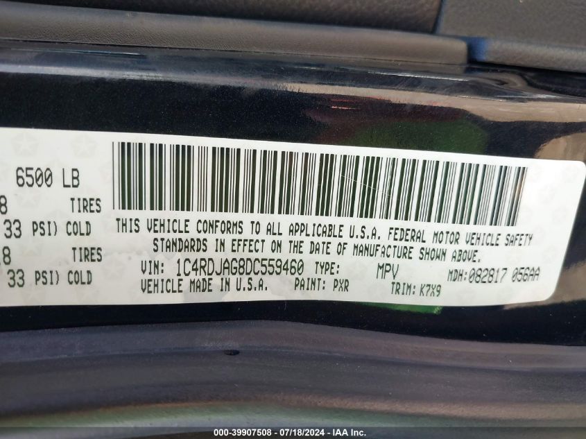 2013 Dodge Durango Sxt VIN: 1C4RDJAG8DC559460 Lot: 39907508