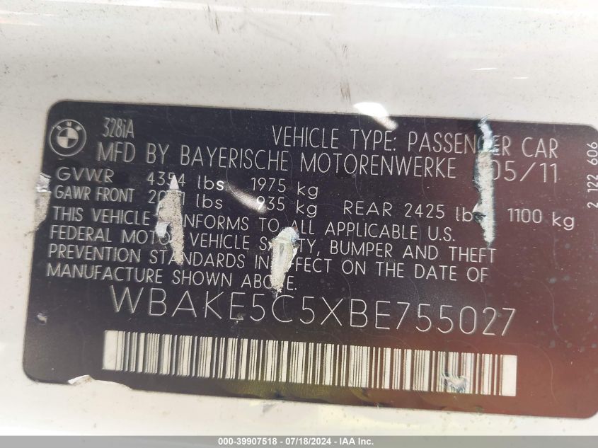 2011 BMW 328I I Sulev VIN: WBAKE5C5XBE755027 Lot: 39907518
