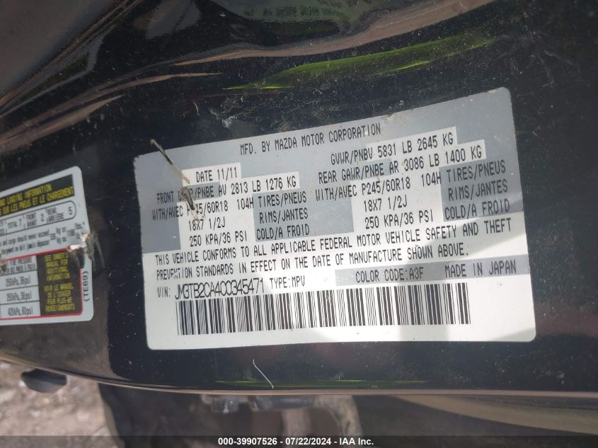 2012 Mazda Cx-9 Touring VIN: JM3TB2CA4C0345471 Lot: 39907526