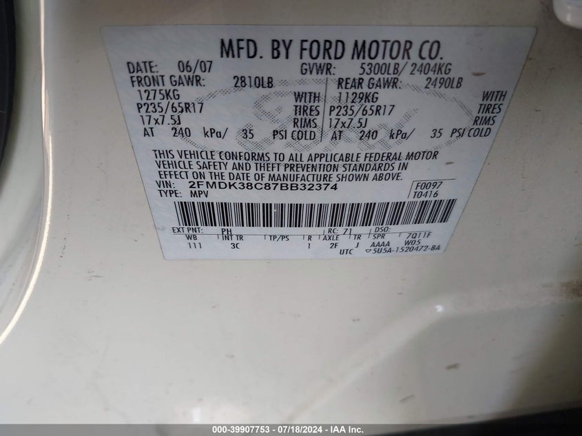 2007 Ford Edge Sel VIN: 2FMDK38C87BB32374 Lot: 39907753