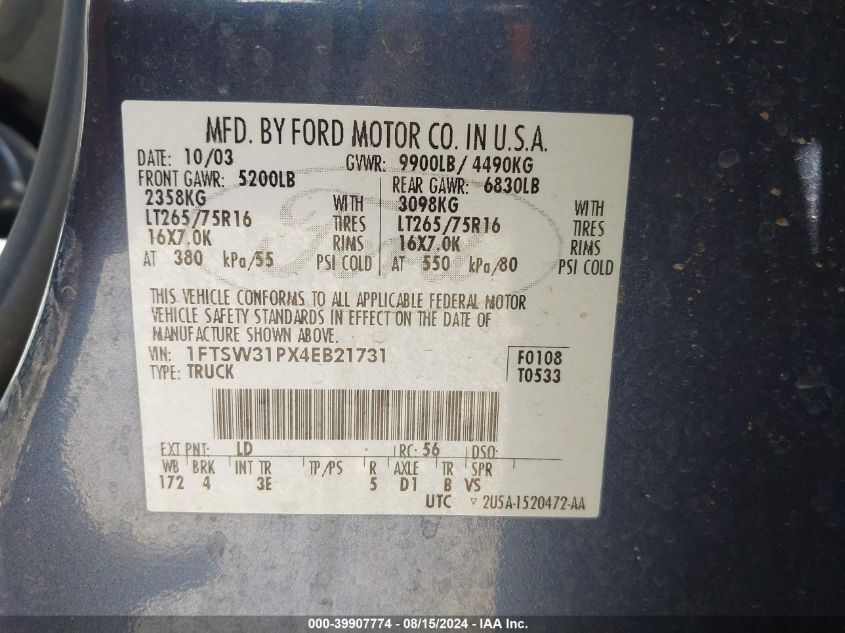 2004 Ford F-350 Lariat/Xl/Xlt VIN: 1FTSW31PX4EB21731 Lot: 39907774