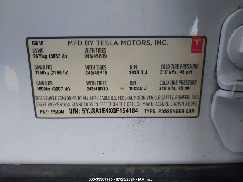 2016 Tesla Model S VIN: 5YJSA1E4XGF154184 Lot: 39907775