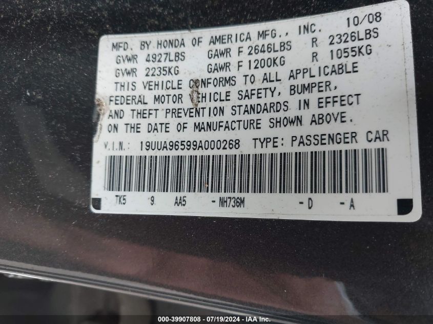 2009 Acura Tl 3.7 VIN: 19UUA96599A000268 Lot: 39907808