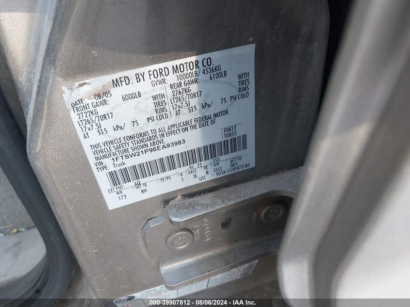 2006 Ford F-250 Lariat/Xl/Xlt VIN: 1FTSW21P96EA93983 Lot: 39907812