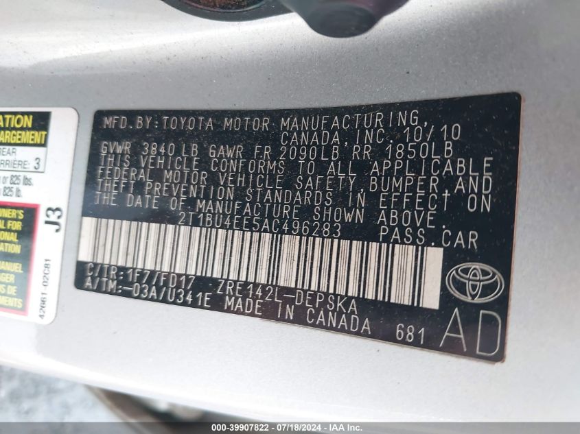 2010 Toyota Corolla S VIN: 2T1BU4EE5AC496283 Lot: 39907822