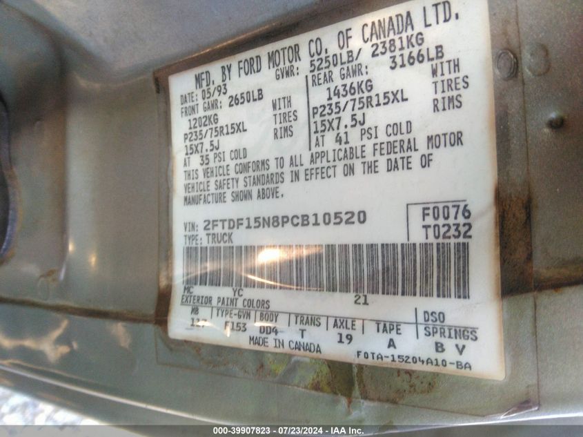 1993 Ford F150 VIN: 2FTDF15N8PCB10520 Lot: 39907823