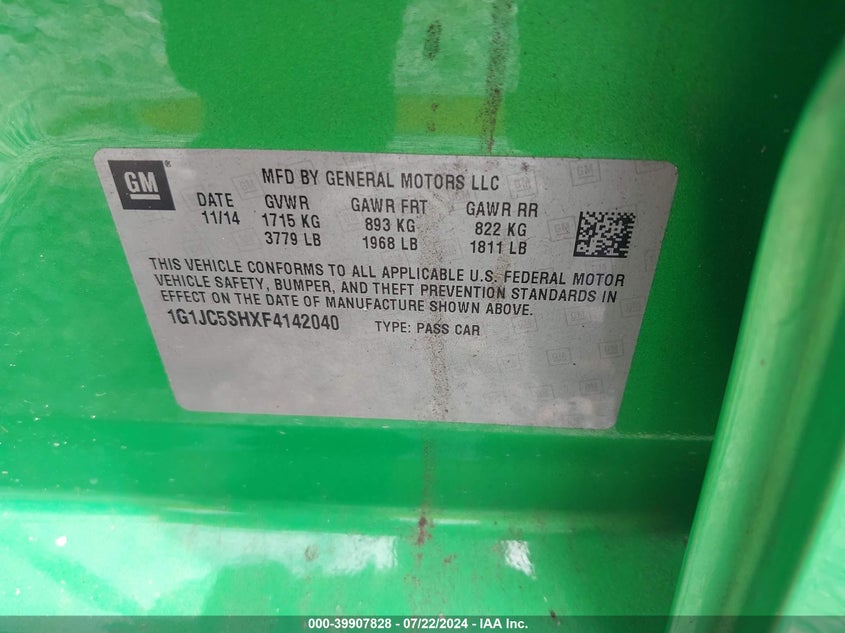 2015 Chevrolet Sonic Lt Auto VIN: 1G1JC5SHXF4142040 Lot: 39907828