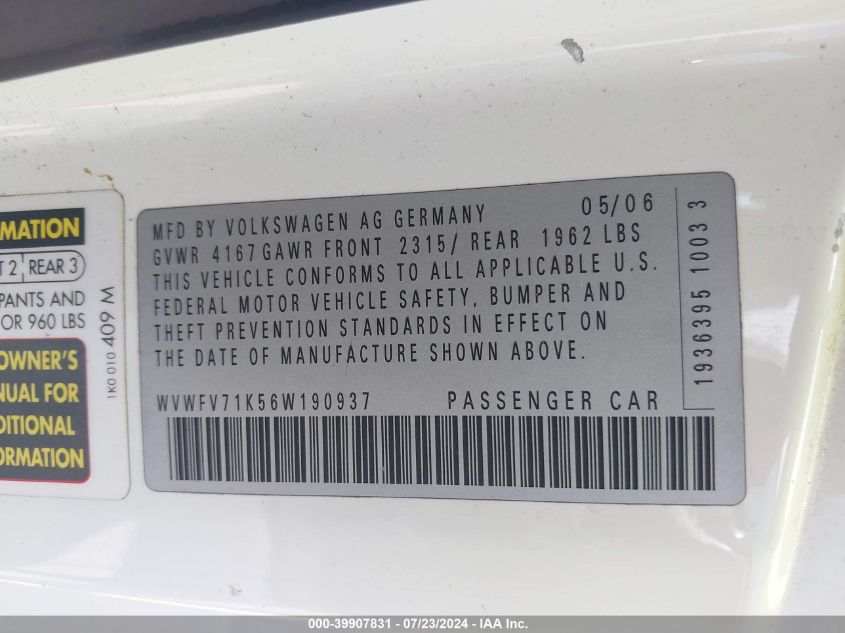 2006 Volkswagen Gti 2-Door VIN: WVWFV71K56W190937 Lot: 39907831