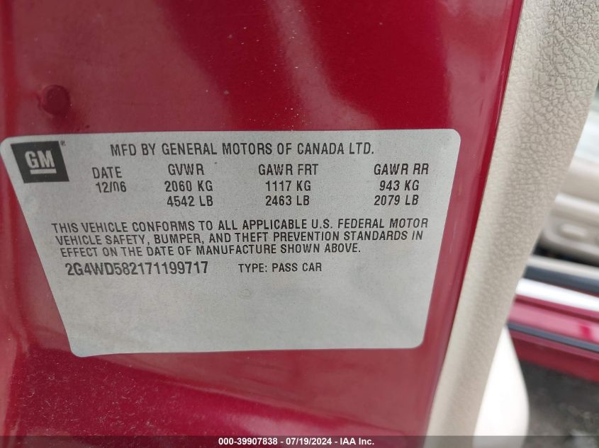 2007 Buick Lacrosse Cxl VIN: 2G4WD582171199717 Lot: 39907838