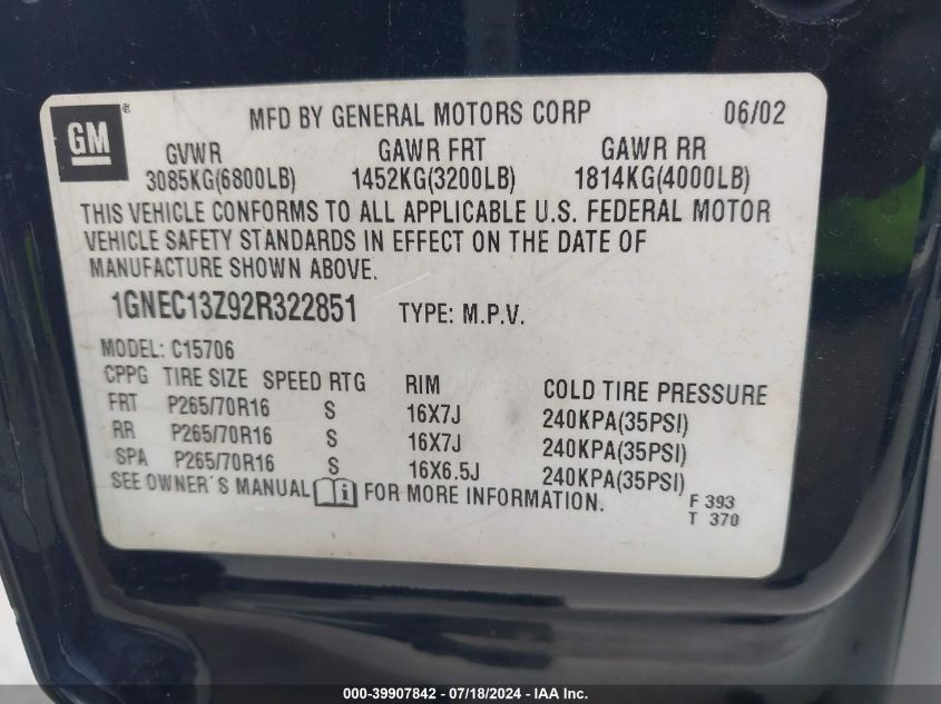 2002 Chevrolet Tahoe Lt VIN: 1GNEC13Z92R322851 Lot: 39907842