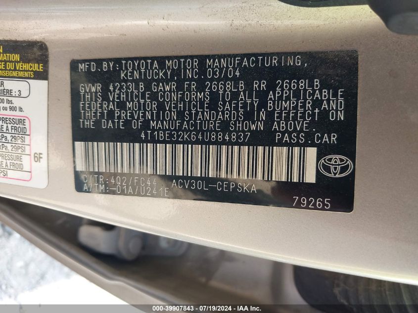 2004 Toyota Camry Se VIN: 4T1BE32K64U884837 Lot: 39907843