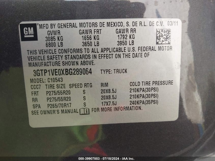 2011 GMC Sierra 1500 Sle VIN: 3GTP1VE0XBG289064 Lot: 39907853
