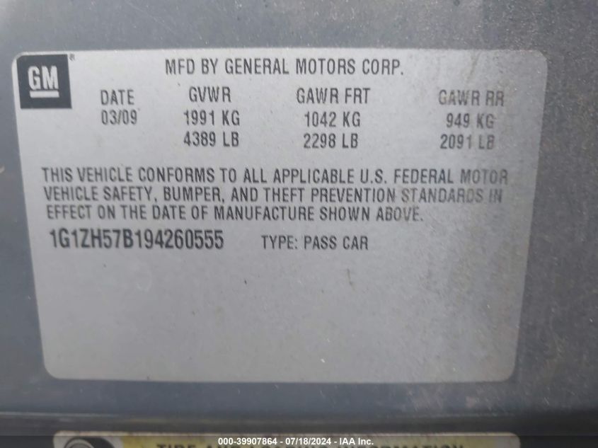 2009 Chevrolet Malibu Lt VIN: 1G1ZH57B194260555 Lot: 39907864
